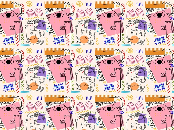 Vector seamless pattern abstract face portrait person geometric doodle line art vector illustration