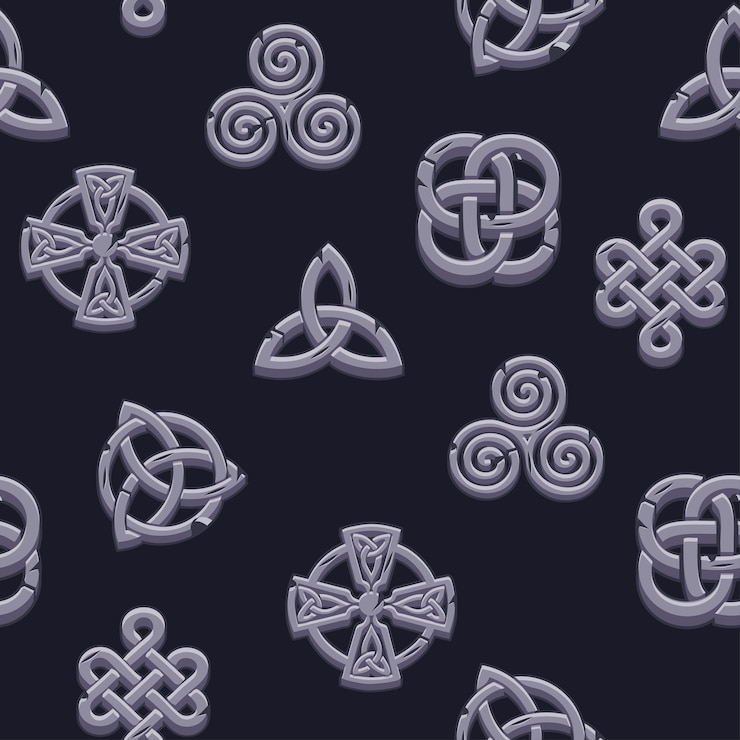 Vector seamless pattern celtic symbols. cartoon set celtic stones icons on black background.