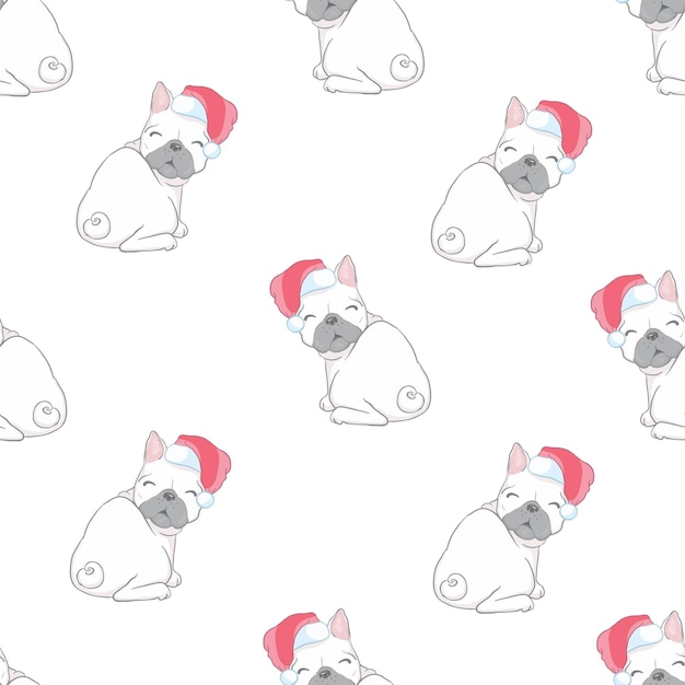 Seamless pattern French bulldogs with Santa hats