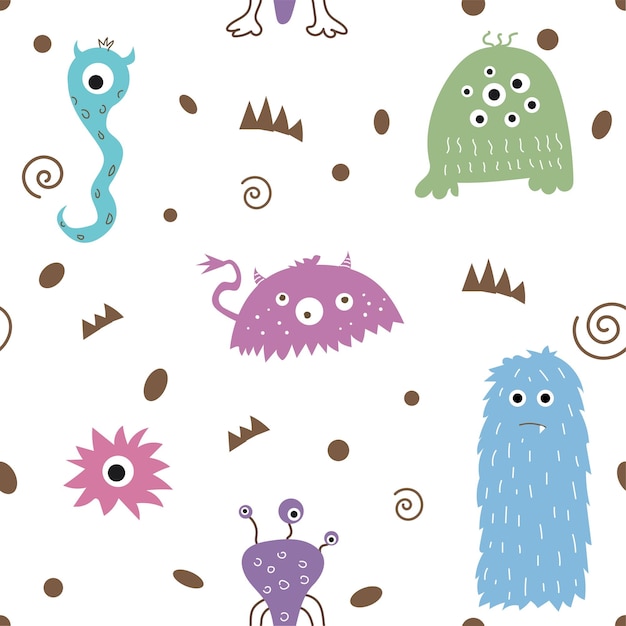 Seamless pattern Funny and colorful monsters Vector