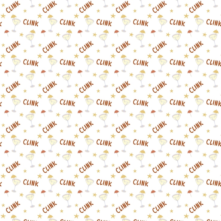 Vector seamless pattern glass of cocktails with umbrella, clink and stars. hand drawing. vector illustration. isolated white background.