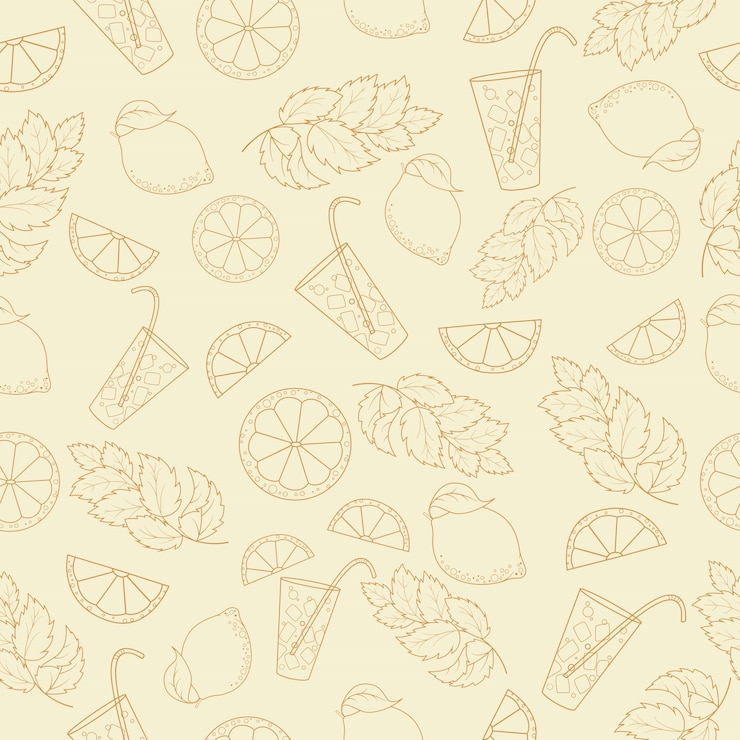 Vector seamless pattern of cold cocktail with lemon and mint leaves.outline drawing