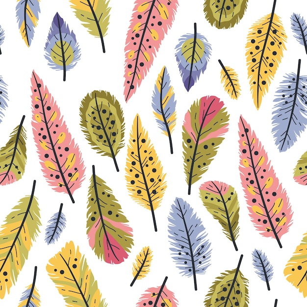 Seamless pattern of decorative colored animals tribal feathers