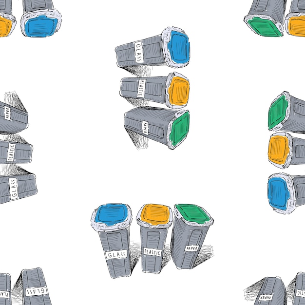 Seamless pattern of drawn trash cans with sorting garbage