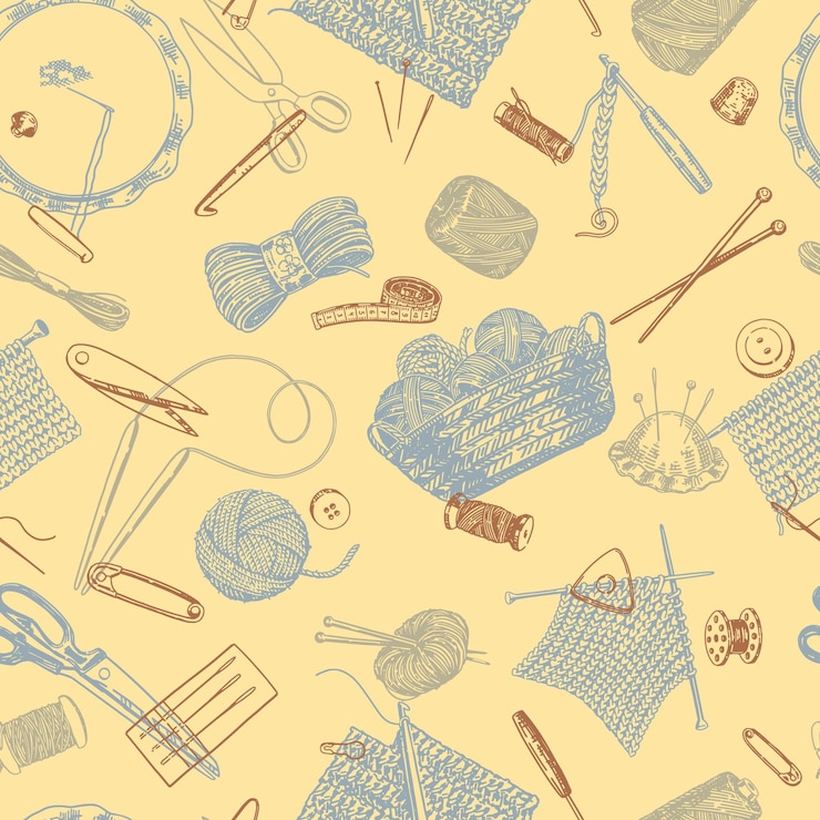 Vector seamless pattern of handicraft equipment needlecraft hobby ornament of tools crochet knitting