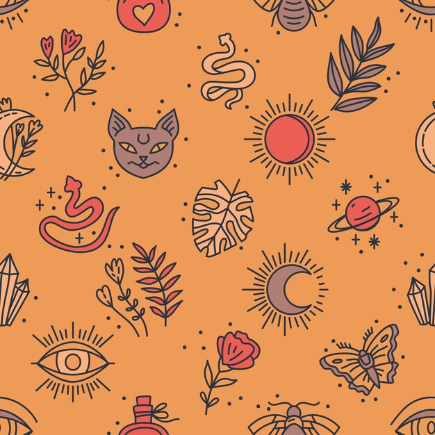 seamless pattern of mystical and astrology objects in boho style