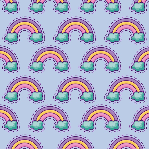 Seamless pattern of patches with rainbow and clouds