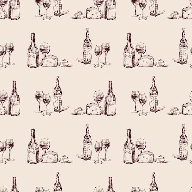 seamless pattern of sketches wine bottles glassescheese and lemon