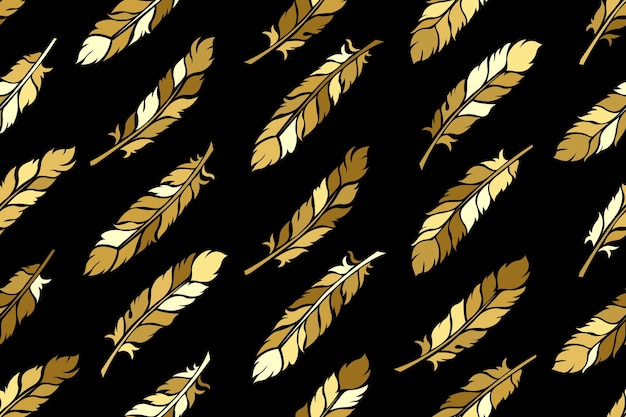 Seamless pattern of stylized feathers in yellow and brown color palette on black background