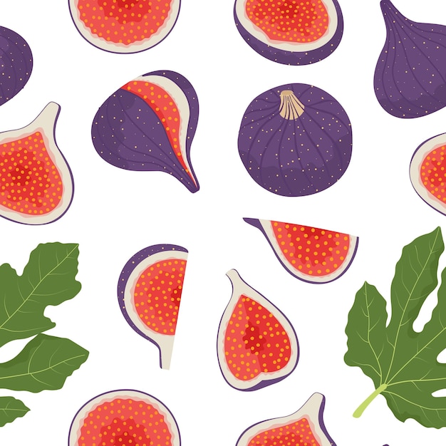 Seamless pattern of whole figs fruit quarters cut in half and leaves Vector illustration in flat style