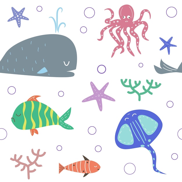 Seamless pattern Sea fish Different colored fish corals and shells