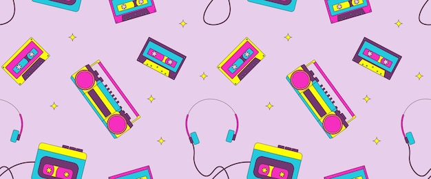 seamless pattern with 90s retro elements music objects