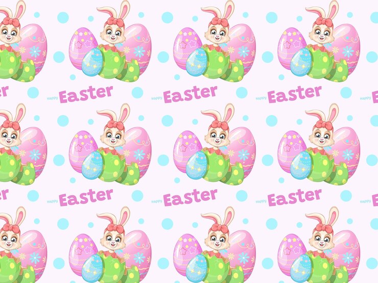 Vector seamless pattern with a cartoon bunny an easter egg and a paint brush