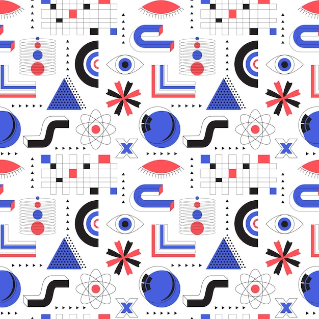seamless pattern with abstract geometric elements and bold shapes brutalism retro futurism style inspired circles wave grid arrow backdrop for web posters covers vector background on white