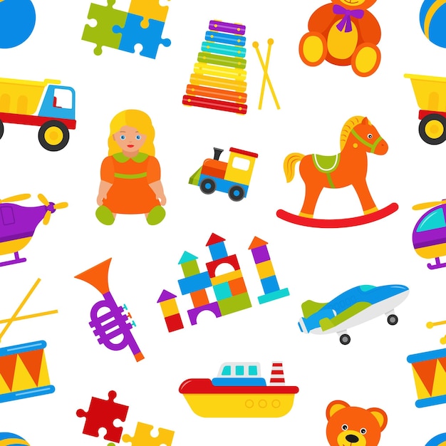 Seamless pattern with baby toys. Cute background. Cartoon colorful illustration