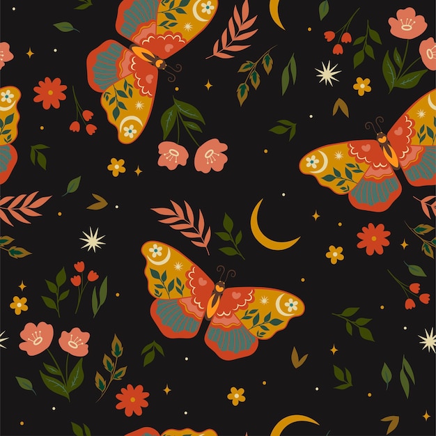 Seamless pattern with butterflies and flowers in boho style Vector graphics