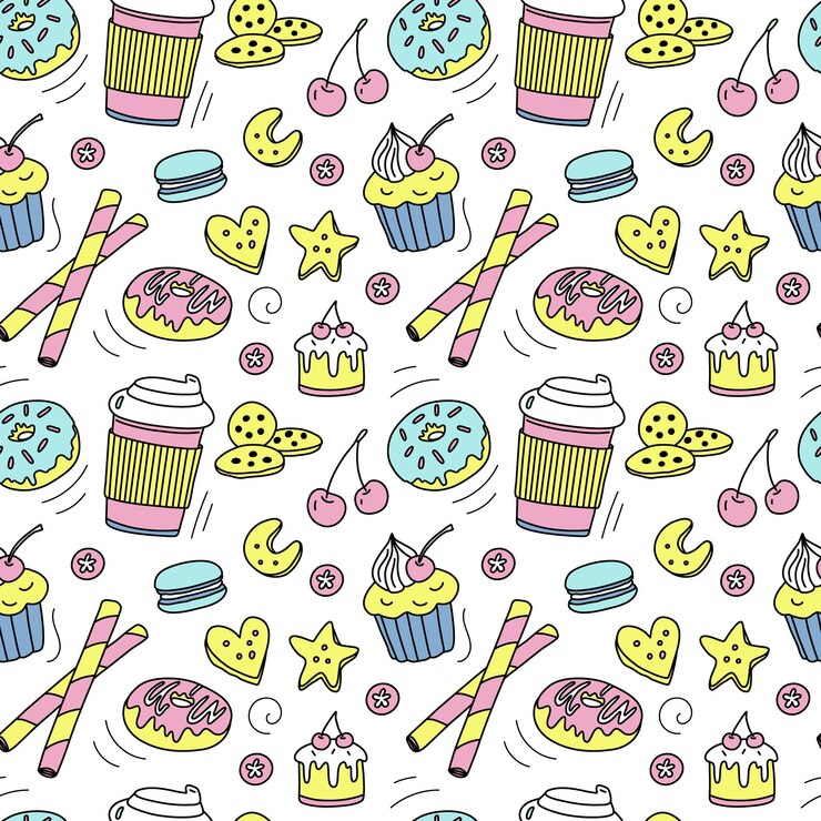 Seamless pattern with cartoon doodle desserts Vector background