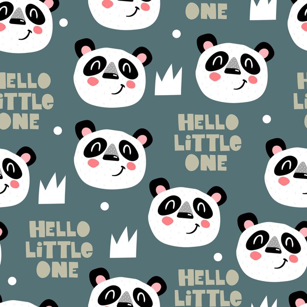 Seamless pattern with cartoon pandas hand drawing lettering