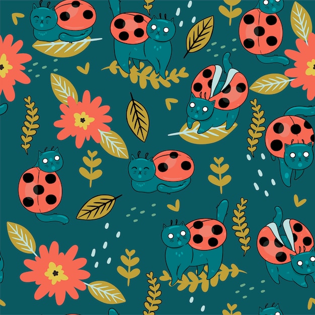 Seamless pattern with cats - ladybirds.