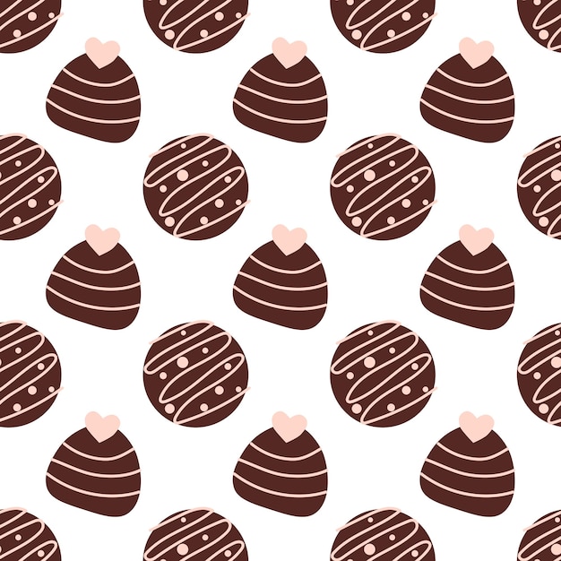 Seamless pattern with chocolates candies with pink icing Sweet Food Valentine day background