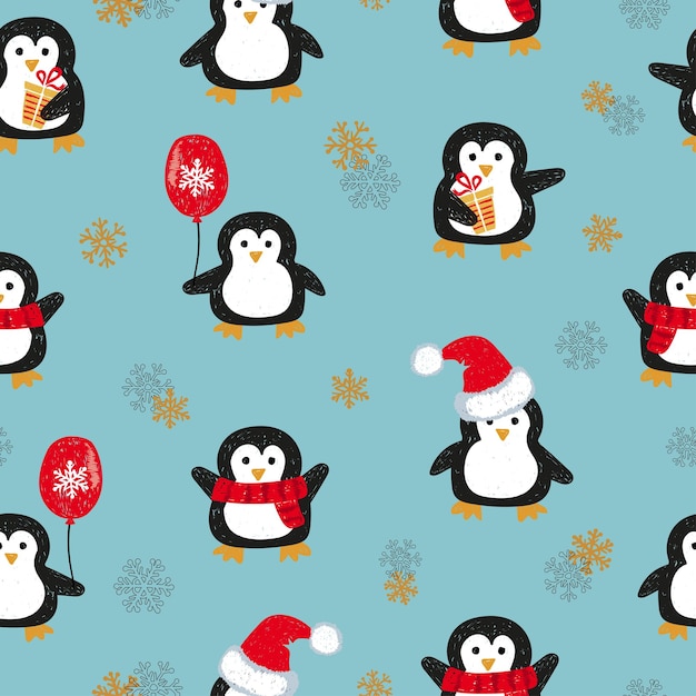 Seamless pattern with cute Christmas penguins Vector holiday background