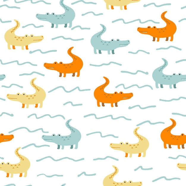Seamless pattern with cute crocodiles and waves