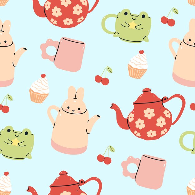 seamless pattern with cute cups and teapots vector image