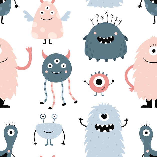 Seamless pattern with cute funny monsters Cartoon characters