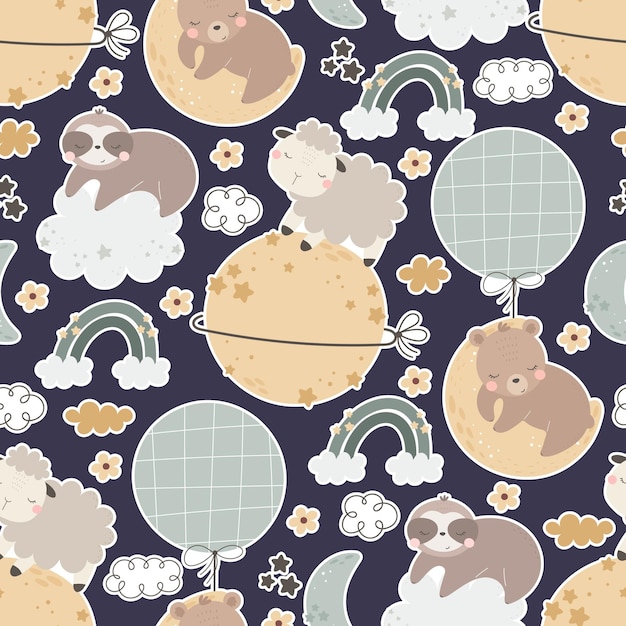 seamless pattern with cute sloth bear sheep