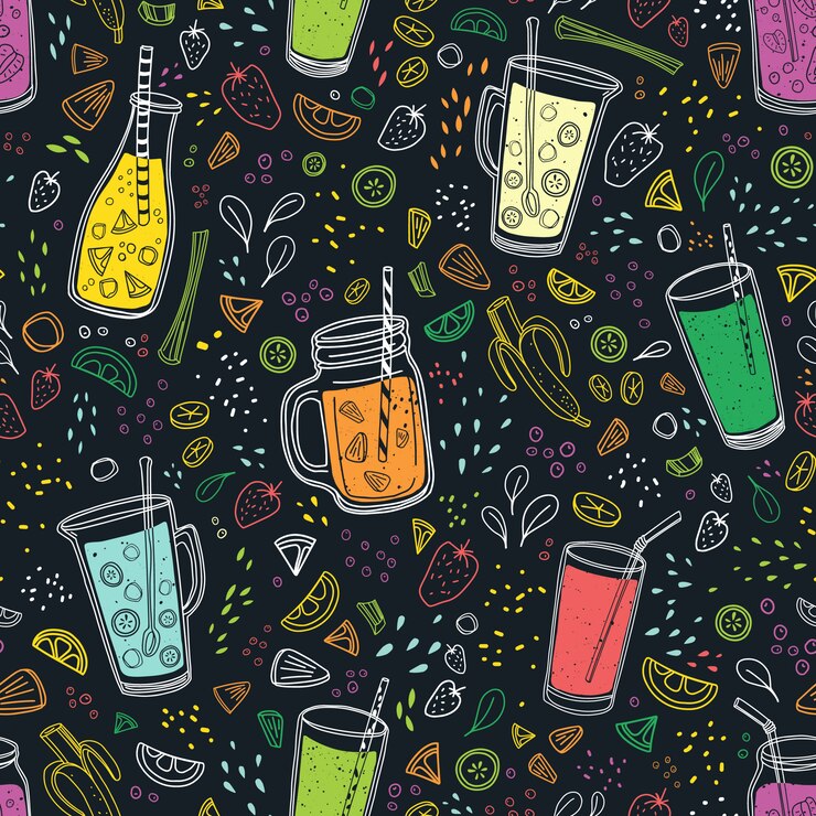 Vector seamless pattern with delicious vegan drinks, tasty juices or smoothies made of berries, fruits and vegetables on black background.