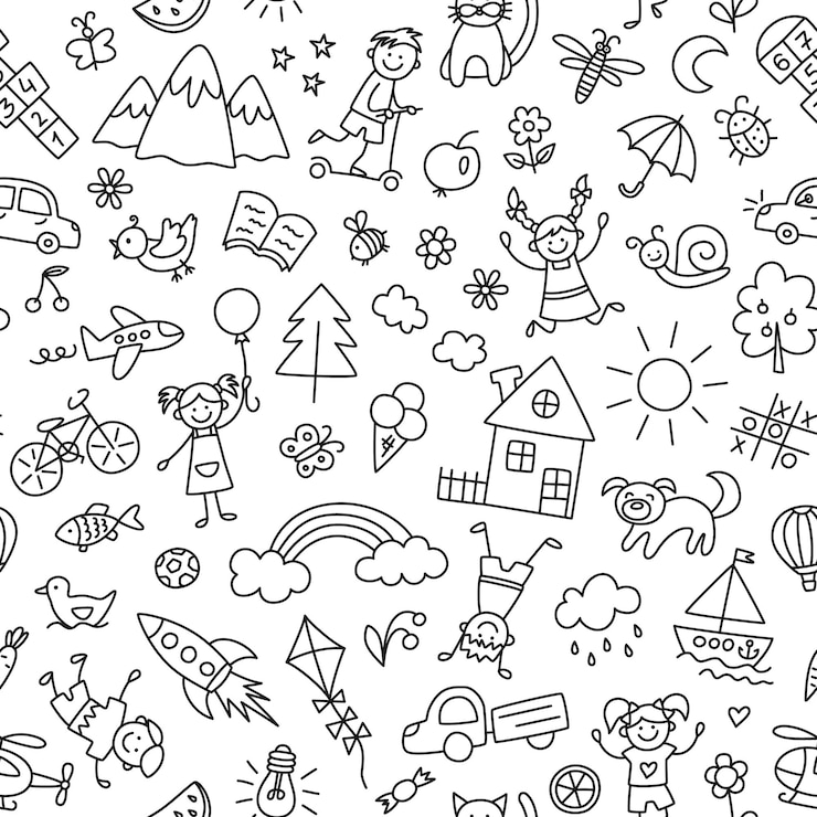 Seamless pattern with doodle children, house, sun, rainbow and bike. Hand drawn funny little kids play, run and jump. Cute children drawing. Vector illustration in doodle style on white background