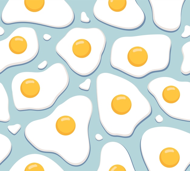 Seamless pattern with eggs Repeating design element for printing on fabric Traditional morning breakfast Natural and organic products Protein and yolk Cartoon flat vector illustration
