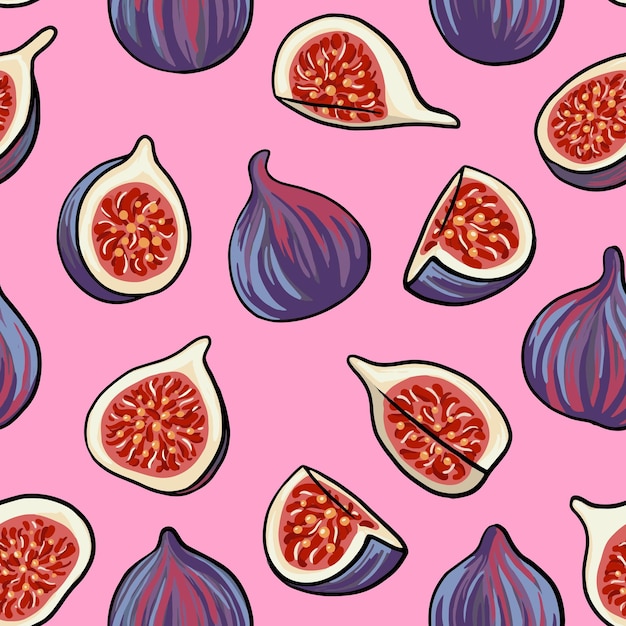 Seamless pattern with figs on pink background. Hand drawn vector illustration.