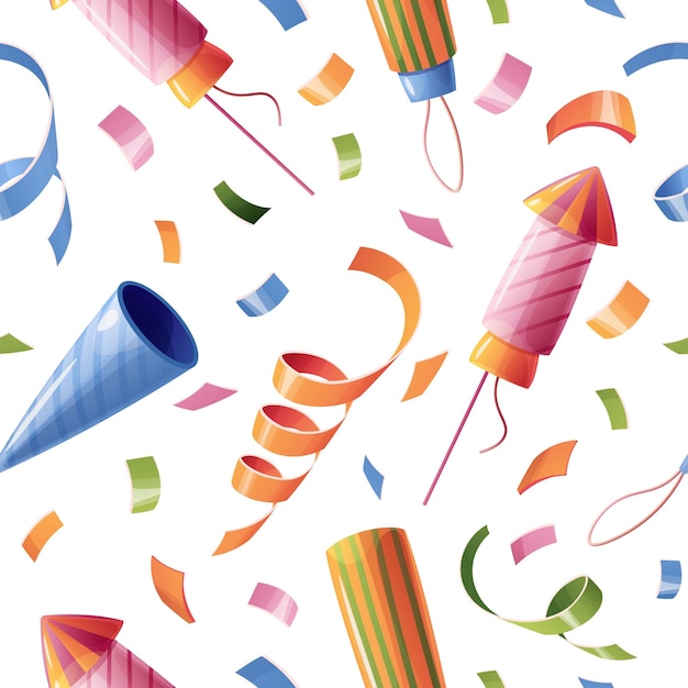seamless pattern with firecrackers fireworks confetti serpentine background with festive items for