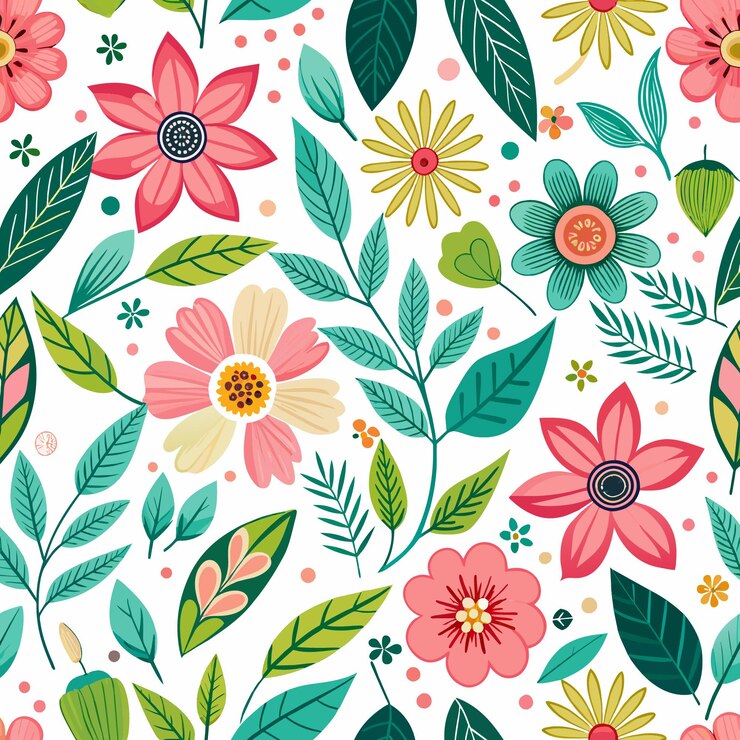 seamless pattern with flowers and leaves isolated on white background