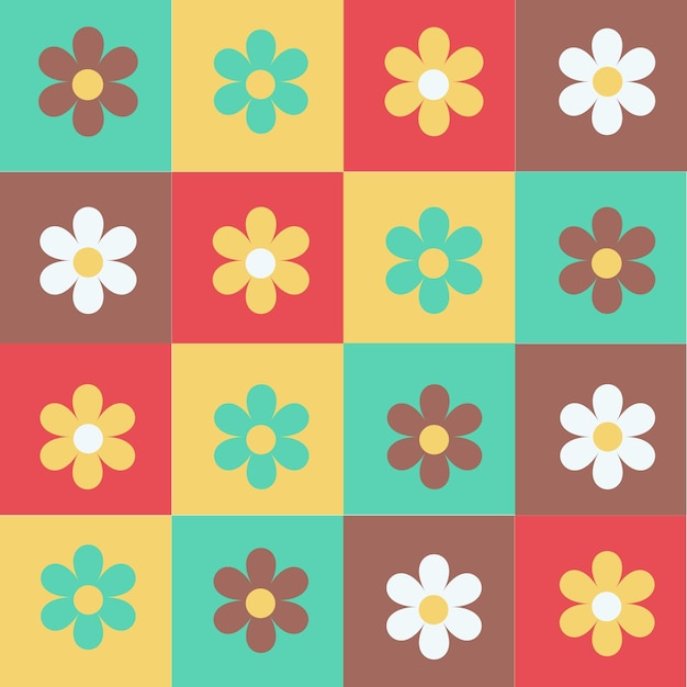 Seamless pattern with flowers in squares in the style of the 70sVector illustration for fabric pack