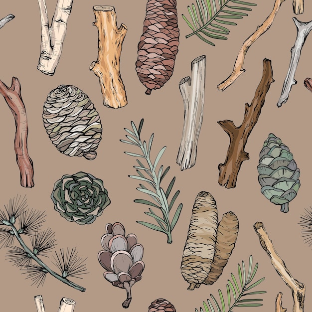 Seamless pattern with forest branches and cones