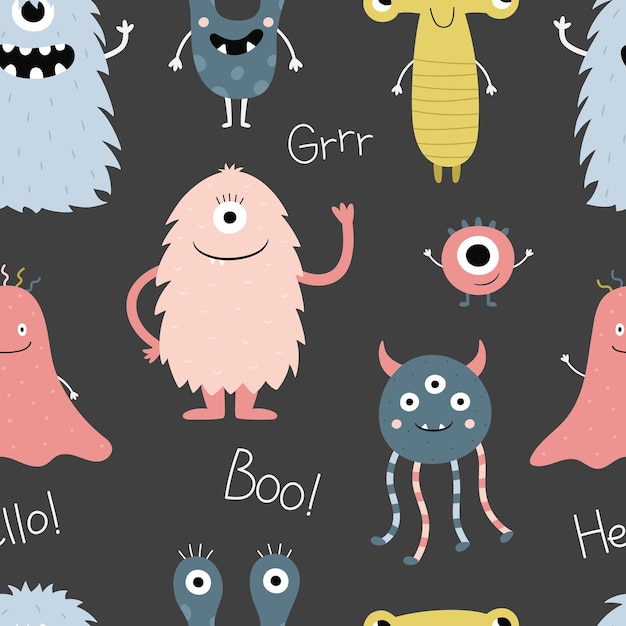 Seamless pattern with funny monsters on a black background Cute characters