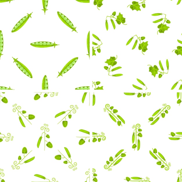 Seamless pattern with green peas growing on vines and open pods showing peas inside