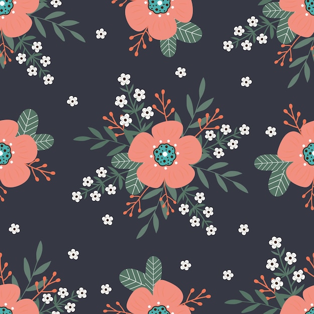 seamless pattern with hand drawn flowers and branch with leaves