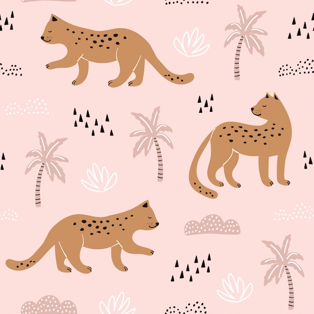 Seamless pattern with hand drawn leopards