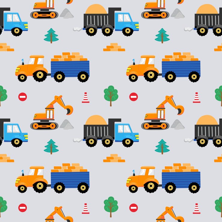Seamless pattern with hand drawn Tractor truck and excavator Vector illustrations Kids wallpaper