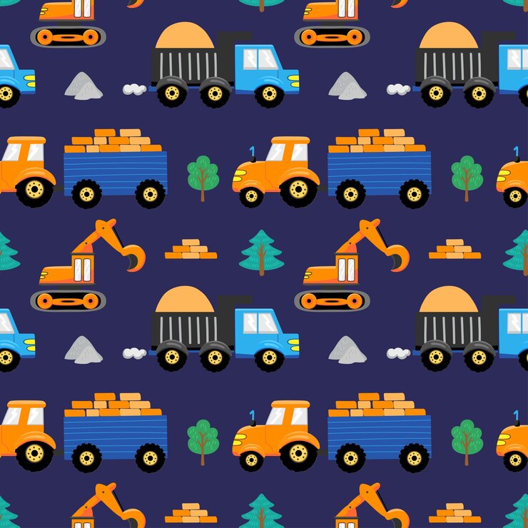 Seamless pattern with hand drawn transport Tractor truck and excavator Cartoon background for Kids Vector illustrations Kids wallpaper design Baby room design wall decor mural