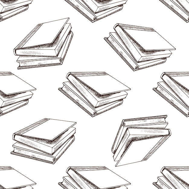 Seamless pattern with hand drawn vintage sketch of stacked closed books in brown ink engraving style