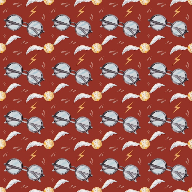 Seamless pattern with handdrawn watercolor illustrations Glasses fly magic