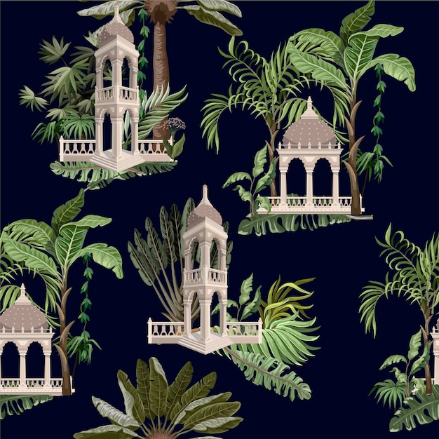 seamless pattern with jungle trees and ancient arbor vector