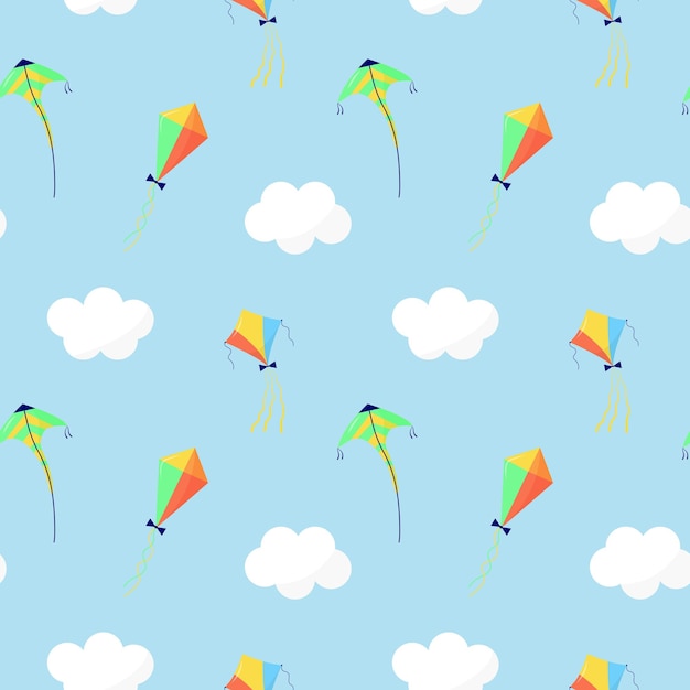 seamless pattern with kites and clouds on blue background. vector childish fabric design.