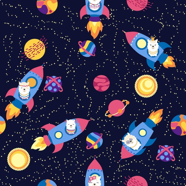 Seamless pattern with lama in a rocket in space Lama travels adventures among the stars Cute pattern with alpaca