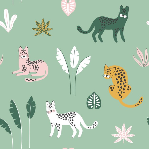 Seamless pattern with Leopards and tropical leaves.