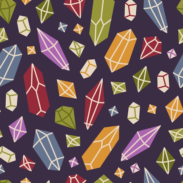 seamless pattern with magic crystal and stones gems cartoon style trendy modern vector illustration hand drawn flat design